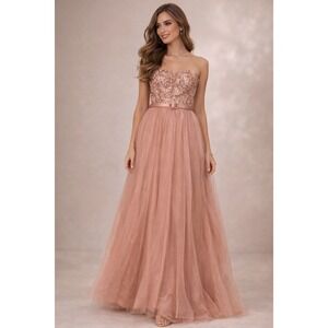 Xscape Rose Gold Sequin Tulle Strapless Gown Formal Prom Evening Dress Pink 10